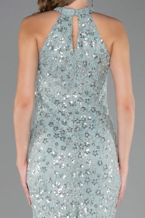 Halter Yaka Uzun Pullu Dantel Abiye Elbise ABU6578