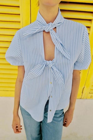 ALLBUCKS ZARA Bağcıklı Çizgili Kısa Kollu Gömlek Top ABZRA00181