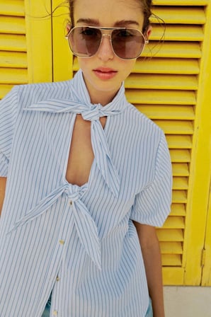 ALLBUCKS ZARA Bağcıklı Çizgili Kısa Kollu Gömlek Top ABZRA00181