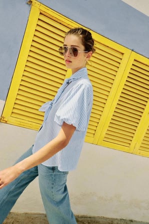 ALLBUCKS ZARA Bağcıklı Çizgili Kısa Kollu Gömlek Top ABZRA00181