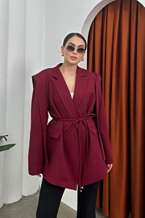 Kadın Oversize Blazer Ceket Kuşaklı Omuz Detaylı