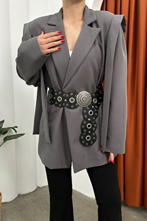 Kadın Oversize Blazer Ceket Kuşaklı Omuz Detaylı