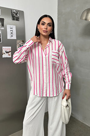 Kadın Oversize Gömlek Çizgili Uzun Kollu Düşük Omuz Dökümlü Gömlek