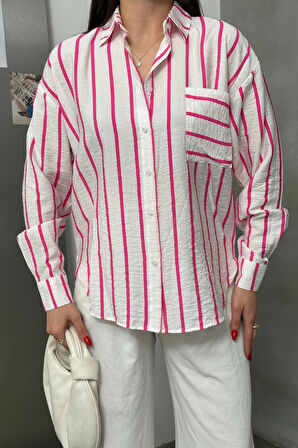 Kadın Oversize Gömlek Çizgili Uzun Kollu Düşük Omuz Dökümlü Gömlek