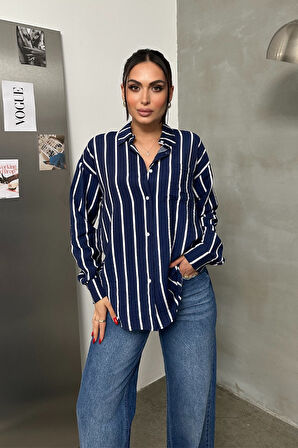 Kadın Oversize Gömlek Çizgili Uzun Kollu Düşük Omuz Dökümlü Gömlek