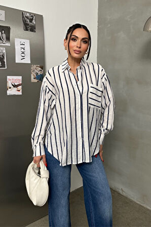 Kadın Oversize Gömlek Çizgili Uzun Kollu Düşük Omuz Dökümlü Gömlek