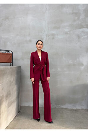 Kadın Ikili Kuşaklı Blazer Ceket Pantolon Takım