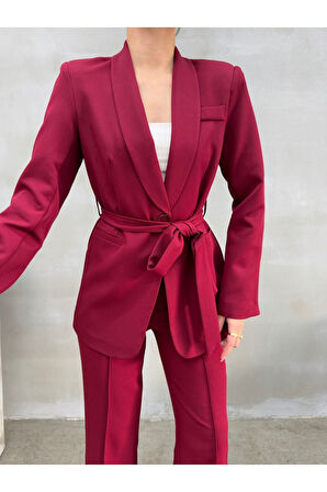 Kadın Ikili Kuşaklı Blazer Ceket Pantolon Takım