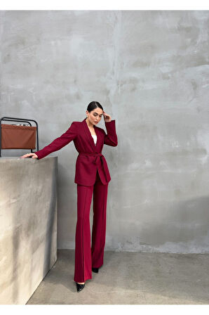 Kadın Ikili Kuşaklı Blazer Ceket Pantolon Takım