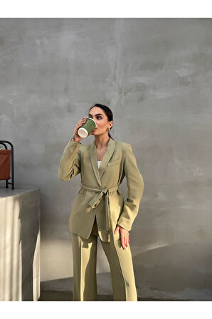 Kadın Ikili Kuşaklı Blazer Ceket Pantolon Takım