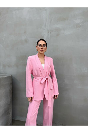 Kadın Ikili Kuşaklı Blazer Ceket Pantolon Takım