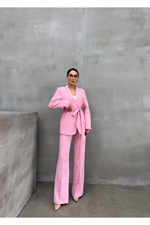 Kadın Ikili Kuşaklı Blazer Ceket Pantolon Takım