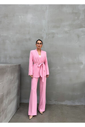Kadın Ikili Kuşaklı Blazer Ceket Pantolon Takım