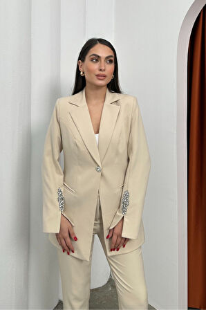 Kadın Ikili Takım Taş Detaylı Boru Paça Blazer Ceket Pantolon Takım