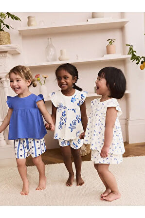 %100 Pamuklu Beyaz Mavi Fırfır Desenli Kısa Kollu 3'lü Alt Üst Takım