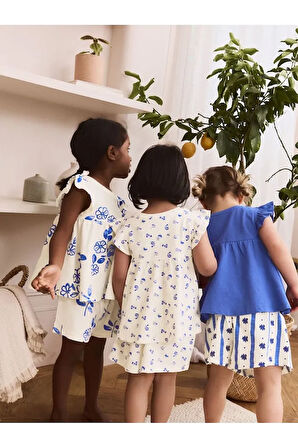 %100 Pamuklu Beyaz Mavi Fırfır Desenli Kısa Kollu 3'lü Alt Üst Takım