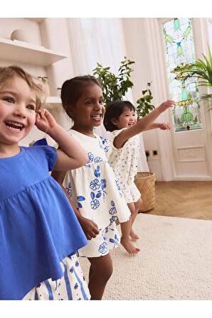 %100 Pamuklu Beyaz Mavi Fırfır Desenli Kısa Kollu 3'lü Alt Üst Takım