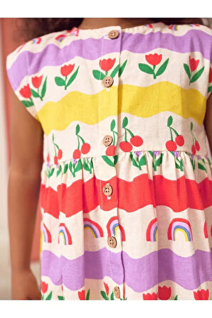 % 100 Pamuklu Gökkuşağı Desenli Kısa Kollu Elbise