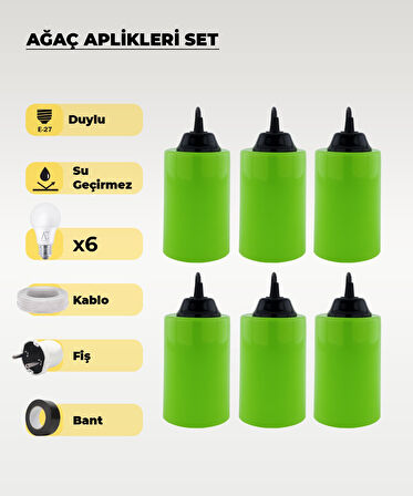 Hazır Set Yeşil Silindir Ağaç Feneri - 6 Adet (Sarı Işık Ampul, Kablo, Fiş ve Bant Dahil)