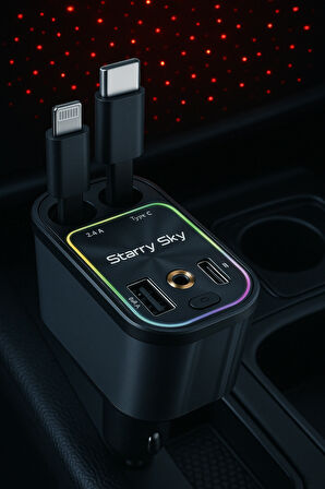 66W RGB Işıklı Araç Şarj Cihazı – 4'ü 1 Arada Type-C & Lightning Kablo, Çift USB, Hızlı Şarjlı