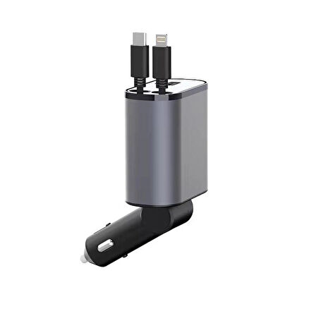 66W RGB Işıklı Araç Şarj Cihazı – 4'ü 1 Arada Type-C & Lightning Kablo, Çift USB, Hızlı Şarjlı