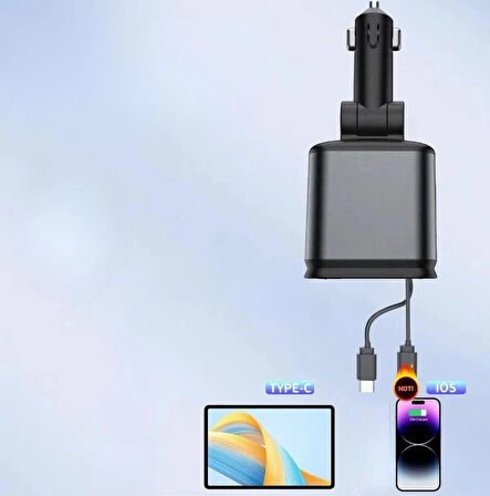 66W RGB Işıklı Araç Şarj Cihazı – 4'ü 1 Arada Type-C & Lightning Kablo, Çift USB, Hızlı Şarjlı