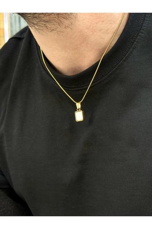 Marigold Erkek Minimal Kare Beyaz Oniks Doğal Taş Uçlu Gold Renk Çelik Kolye
