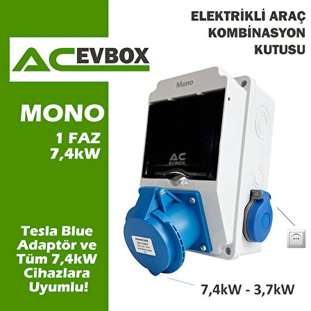 Acevbox Mono Kombinasyon Kutusu- Monofaze Altyapıya Uygun, Tesla Blue Adap. ve 7,4 Mobil Cihazlara uyumlu
