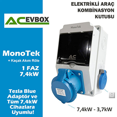 Acevbox Monotek Kombinasyon Kutusu, Monofaze Altyapıya Uygun,tesla Blue Adaptör ve Tüm 7,4kw Mobil Cihazlar