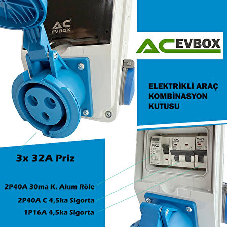 Acevbox Monotek Kombinasyon Kutusu, Monofaze Altyapıya Uygun,tesla Blue Adaptör ve Tüm 7,4kw Mobil Cihazlar
