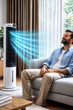 Kule Tipi Soğutucu Fan Uzaktan Kumandalı Su Buharlı Soğutucu Vantilatör 70W-3L Su Tankı-Led Ekranlı