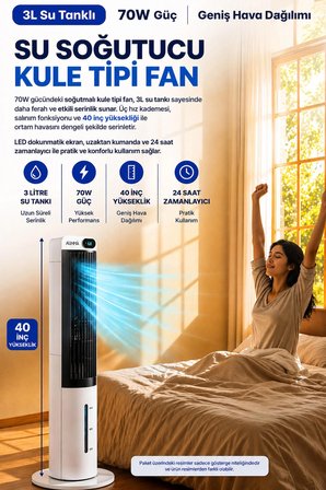 Kule Tipi Soğutucu Fan Uzaktan Kumandalı Su Buharlı Soğutucu Vantilatör 70W-3L Su Tankı-Led Ekranlı
