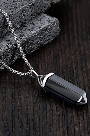 Sertifikalı Çivi Model Obsidyen Taşı Kolye Doğal Siyah Renk