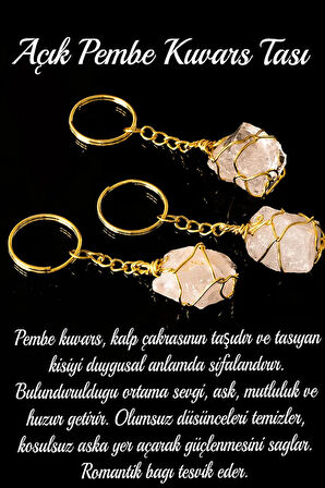 Sertifikalı Tel Sargılı Ham Işlenmemiş Pembe Kuvars Taşı Anahtarlık (ALTIN KAPLAMA)
