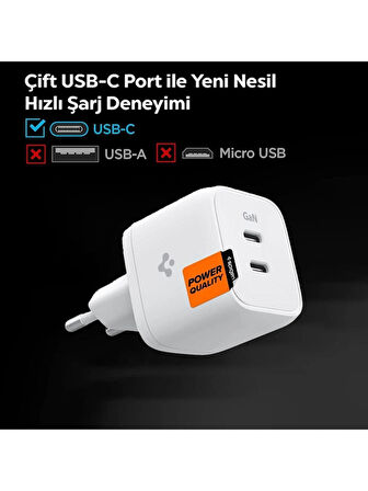  Spigen 35W USB-C 2 Port Mini Hızlı Şarj Aleti Samsung PPS / Isı Düşürücü GaN Destekli Akım Korumalı Güç Adaptörü iPhone & Android & iPad & MacBook Type-C 