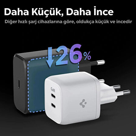 Spigen 45W GaN USB-C 2 Port Mini Güç Adaptörü - Samsung PPS 2.0 Destekli Hızlı Şarj Aleti (Isı Düşürücü ve Akım Korumalı) iPhone & Android & iPad & MacBook Type-C White