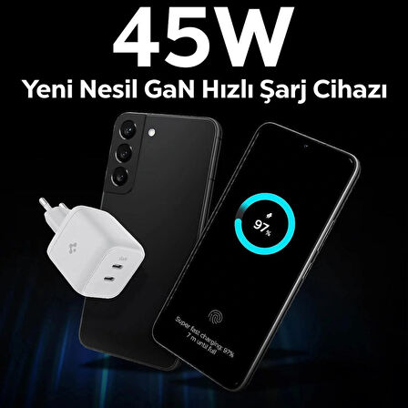 Spigen 45W GaN USB-C 2 Port Mini Güç Adaptörü - Samsung PPS 2.0 Destekli Hızlı Şarj Aleti (Isı Düşürücü ve Akım Korumalı) iPhone & Android & iPad & MacBook Type-C White