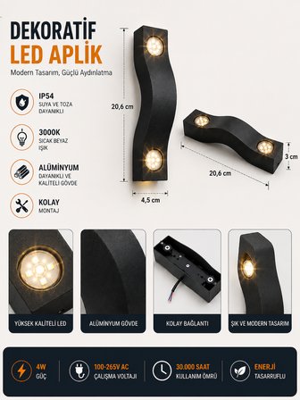ACK AH07-07501 Dekoratif LED Aplik 4W 3000K Siyah Alüminyum