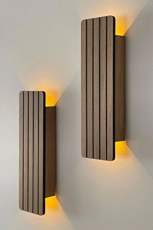 2 Adet Ahşap Pilli Dekoratif Duvar Aydınlatması Aplik Gece Lambası (AÇIK MEŞE - AMBER)