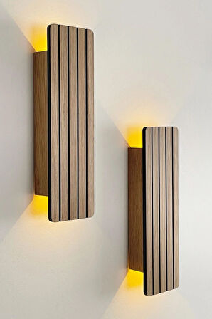 2 Adet Ahşap Pilli Dekoratif Duvar Aydınlatması Aplik Gece Lambası (AÇIK MEŞE - AMBER)