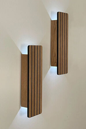 2 Adet Ahşap Pilli Dekoratif Duvar Aydınlatması Aplik Gece Lambası (AÇIK MEŞE - BEYAZ IŞIK)