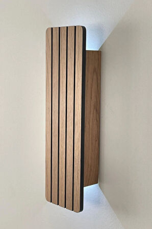 2 Adet Ahşap Pilli Dekoratif Duvar Aydınlatması Aplik Gece Lambası (AÇIK MEŞE - BEYAZ IŞIK)