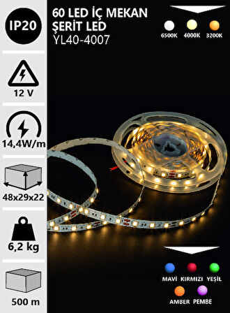 NOAS İÇ MEKAN DOĞAL BEYAZ 4000K 12V ŞERİT LED 5 METRE YL40-4007