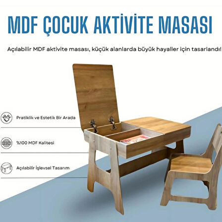 Çocuk Aktivite Masası + 1 Sandalye - % 100 MDF-Üstün Kalite-Açılabilir Masa- Kahverengi