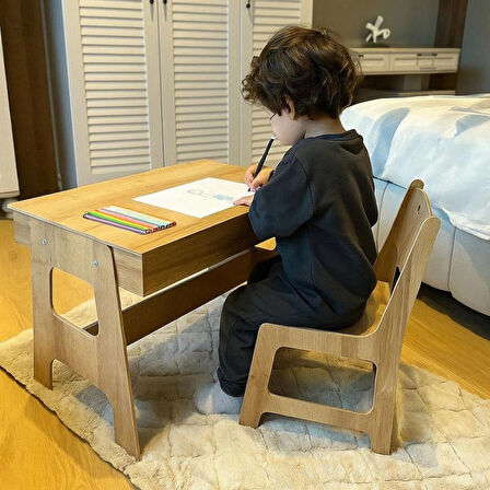 Çocuk Aktivite Masası + 1 Sandalye - % 100 MDF-Üstün Kalite-Açılabilir Masa- Kahverengi