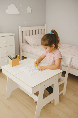 Çocuk Aktivite Masası + 1 Sandalye - % 100 MDF-Üstün Kalite-Açılabilir Masa- Beyaz
