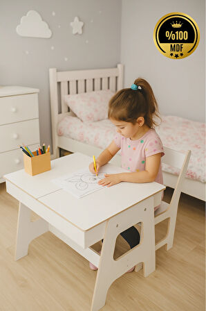 Çocuk Aktivite Masası + 1 Sandalye - % 100 MDF-Üstün Kalite-Açılabilir Masa- Beyaz