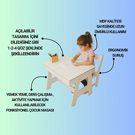 Çocuk Aktivite Masası + 1 Sandalye - % 100 MDF-Üstün Kalite-Açılabilir Masa- Beyaz
