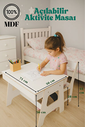 Çocuk Aktivite Masası + 1 Sandalye - % 100 MDF-Üstün Kalite-Açılabilir Masa- Beyaz
