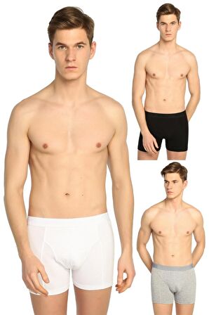 Erkek Siyah + Beyaz + Gri Likralı Elastan Boxer 3'lü Paket Abani Classic